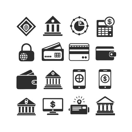 Financial Icon Set in Black and White showcasing Banking and Online Payment Methodsのイラスト素材
