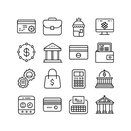 Financial and Business Icon Set Representing Banking, Commerce, and Investment Solutionsのイラスト素材