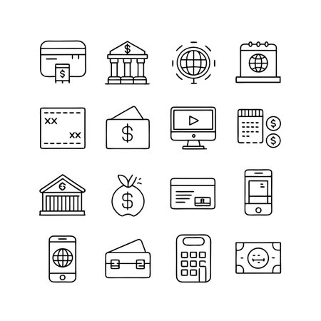 Set of black line icons depicting business finance and technology related conceptsのイラスト素材
