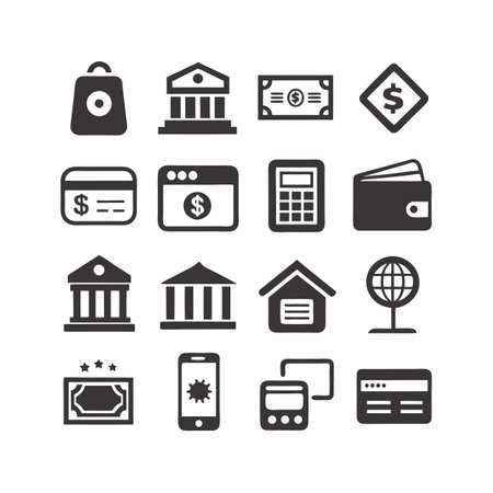 Collection of finance and business icons representing monetary transactions and digital banking services, vector illustrationのイラスト素材