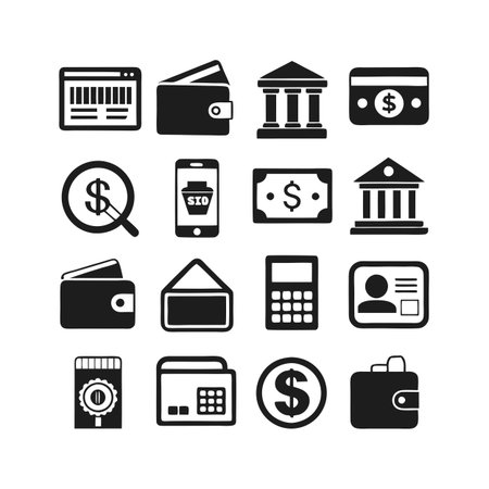 Financial Icons Set: Black and White Symbols for Business, Banking and Investment Conceptsのイラスト素材