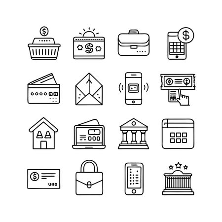 Finance and Banking Icons Set: Collection of Line Art Symbols for Business and E-commerceのイラスト素材