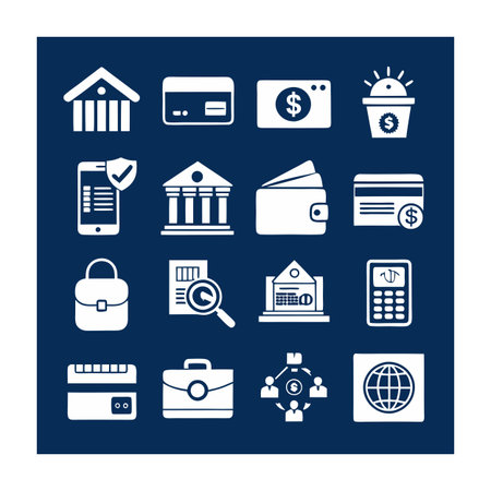 Financial and Business Icons Representing Banking, Investment, and Global Commerce in Flat Designのイラスト素材