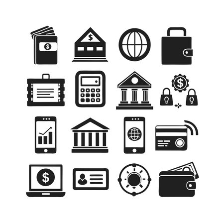 Financial Icons Illustration: A Minimalist Black and White Vector Set for Banking and Commerceのイラスト素材