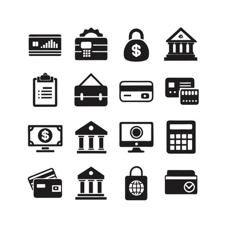 Black and white vector icons representing banking finances and digital currency conceptsのイラスト素材