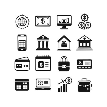Financial and Business Icon Set Illustration Featuring Money, Banking, and Investment Symbolsのイラスト素材