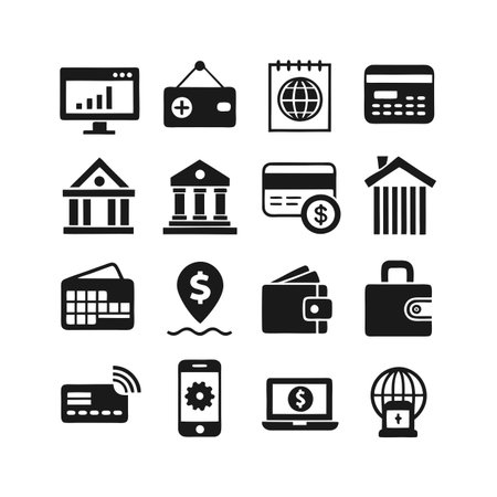 Set of black and white vector finance icons representing banking, online payment, and economyのイラスト素材
