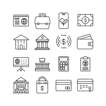 Collection of line art financial icons representing banking investment and business strategiesのイラスト素材