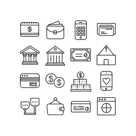 Digital line art icons representing finance, banking, and online services on white backgroundのイラスト素材