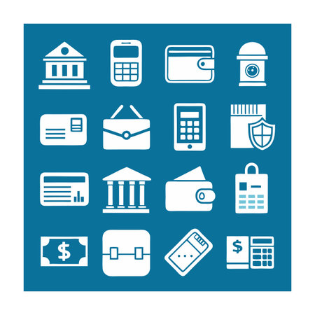 Financial Icons Set: Banking, Mobile Payments, and Security - White Silhouettes on Blue Backgroundのイラスト素材