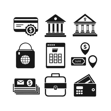 Financial Icon Set: Bank, Credit Card, and Wallet Symbols in Black and Whiteのイラスト素材