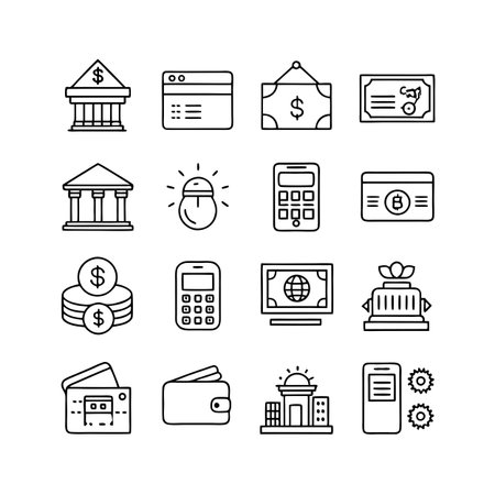Collection of thin line finance and business icons representing banking, transactions, and financial managementのイラスト素材