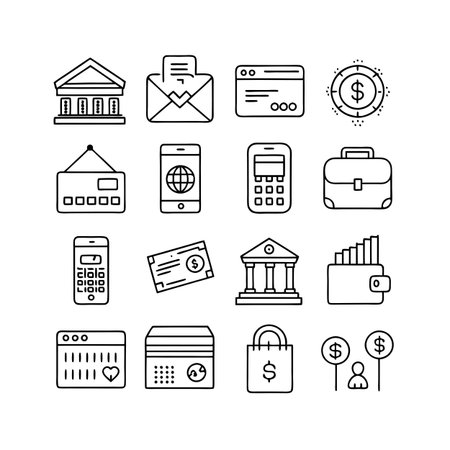 Financial Icons: Stock Vector Graphic Set Representing Banking, E-commerce, Investment, and Business Elementsのイラスト素材