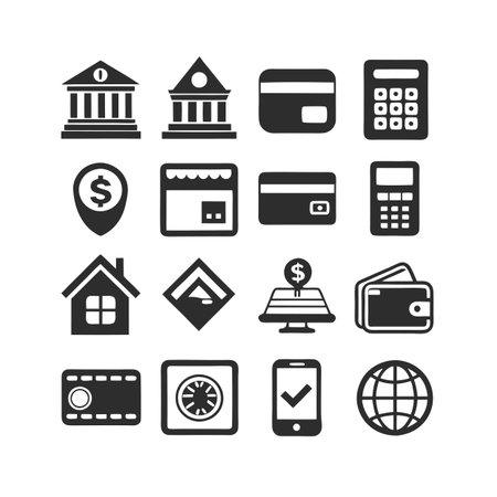 Financial icon set representing banking and economy in a clean black and white styleのイラスト素材