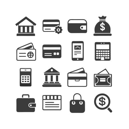 Financial Icons Set: Bank, Credit Card, Wallet, and Currency on a White Backgroundのイラスト素材