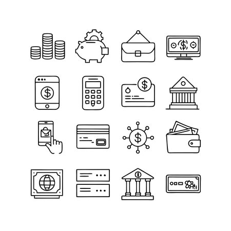 Financial icons depicting banking services, savings, and digital transactions in a minimalist line art styleのイラスト素材