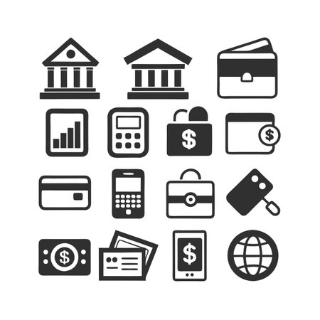Collection of black and white finance icons representing banking and payment solutions in digital formatのイラスト素材