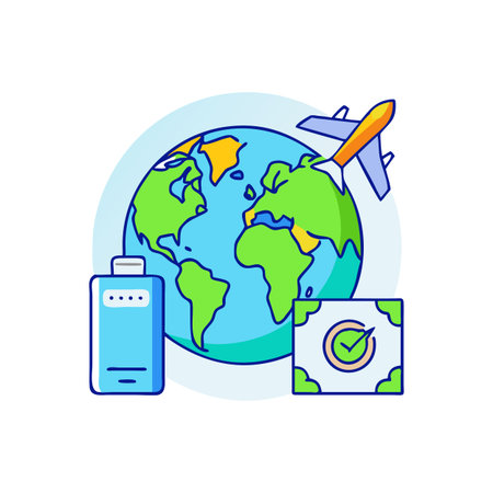 Flat Graphic Depiction of Global Travel Preparations with Plane and Travel Accessoriesのイラスト素材