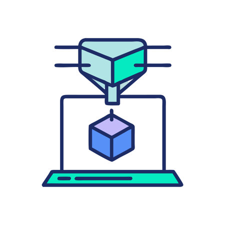 Vibrant 3D printing icon depicting automated object creation with light blue and purple colors