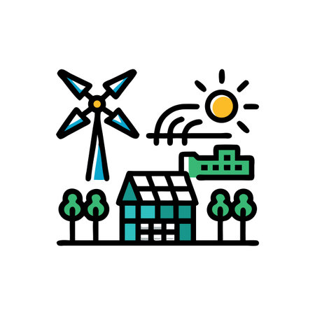 Abstract Flat Design of Sustainable City with Windmill, Buildings and Residents on Black Background