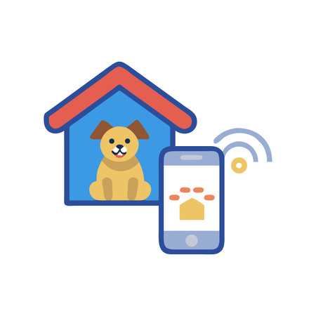 Smart dog house with mobile app connection and dog monitoring, flat vector illustrationのイラスト素材