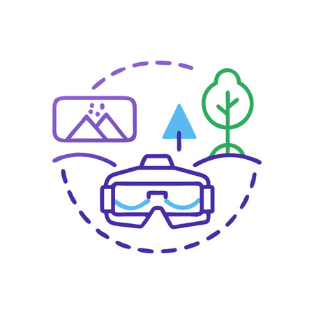 Virtual reality experience with VR headset and digital landscape symbols in a circle
