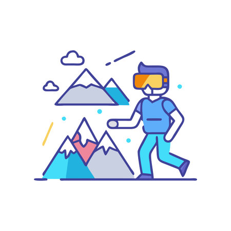 Flat vector illustration of a man in virtual reality interacting with mountains in cyberspace