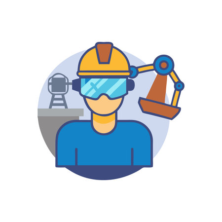 Worker in VR headset with robotic arm and industrial background flat style illustration