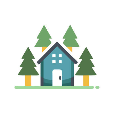 Stylized Isolated House in a Forest, Surrounded by Pine Trees, Flat Illustrationのイラスト素材