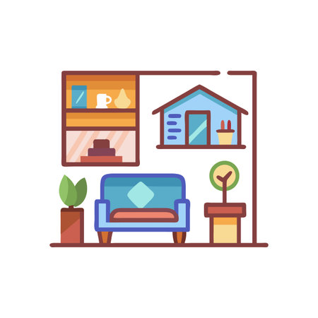 Stylized illustration of a cozy living room interior with modern furniture and plantsのイラスト素材
