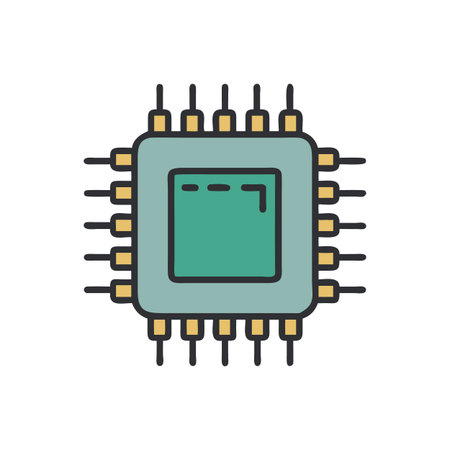 Isolated illustration of a retro, stylized computer chip on a black background