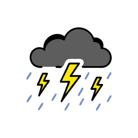 Stylized Weather Icon: Gray Cloud with Yellow Lightning and Blue Rain on Black Background