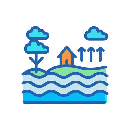 Groundwater flow illustration showing water layers, house, clouds and upward arrows, conceptual imageのイラスト素材