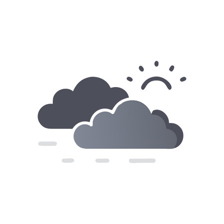 Abstract cloudy weather icon with stylized sun on a dark backdrop, moody atmosphere.のイラスト素材