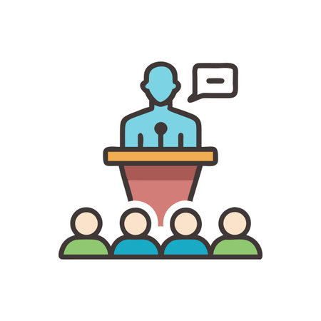 Conference Speaker at Podium Delivering Speech to Audience Illustration with Speech Bubbleのイラスト素材