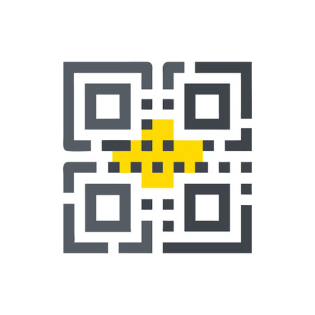 Pixelated QR Code with a Yellow Center Design Element on Black Background