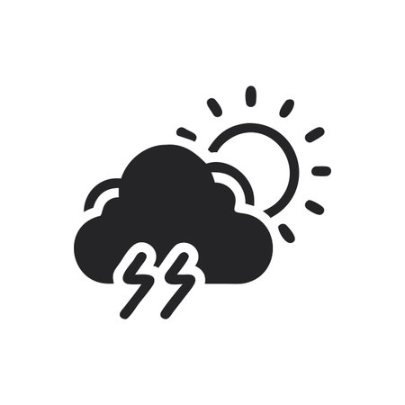 Weather forecast icon depicting sun obscured by storm cloud and lightning bolts in monochromeのイラスト素材
