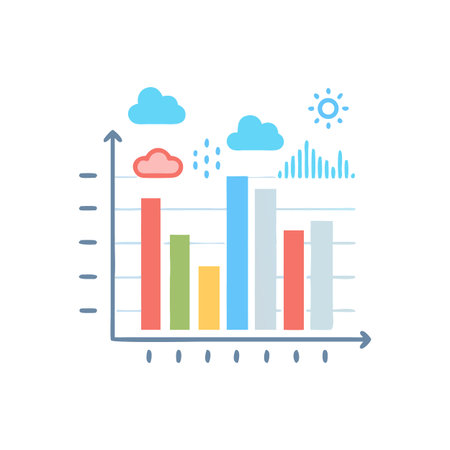 Hand-drawn bar graph showing weather trends, featuring sun, clouds and rain on black backgroundのイラスト素材