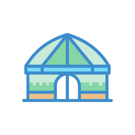 Stylized greenhouse illustration with rounded shapes and limited color palette on black backgroundのイラスト素材