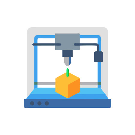 Isolated flat illustration of a 3D printer fabricating a yellow cube on a black background