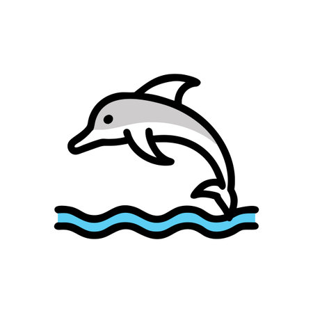 Minimalist graphic design of a fish jumping over water waves against black background.