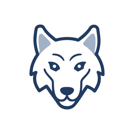 Minimalist wolf head illustration in blue tones on black background, front view