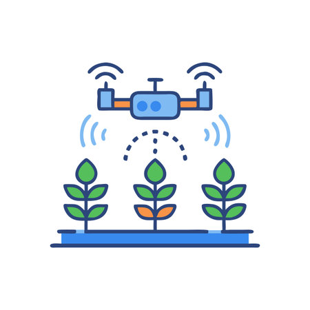 Drone spraying crops in a farm field with a blue sky in a conceptual styleのイラスト素材