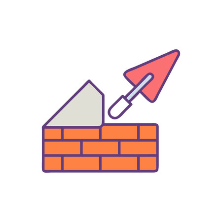 Illustration of brick wall construction with trowel and mortar against black backdropのイラスト素材