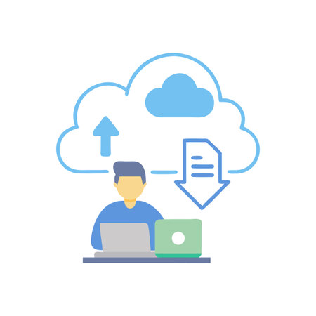 Cloud computing data transfer illustration featuring an individual working on a laptop for digital...