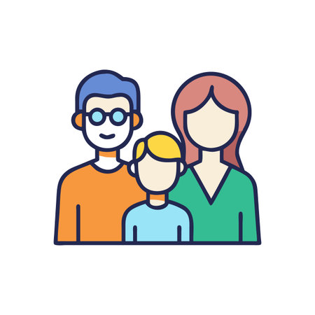 Stylized family portrait icon showing diverse parents and child on a black background