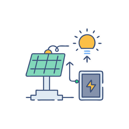 Cartoon illustration of a solar panel, battery, and lightbulb indicating clean energy