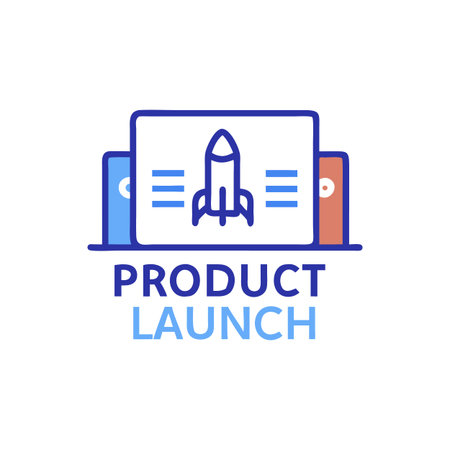 Minimalist product launch illustration featuring a rocket symbol between two file folders