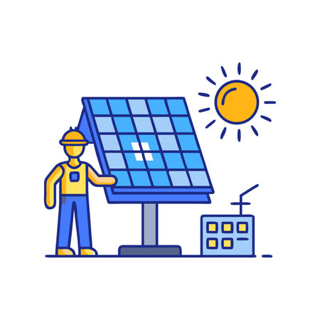 Illustration of solar panel installation and maintenance by an engineer under bright sunlight.
