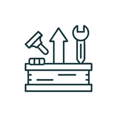 Outline Toolbox Icon Set Representing Repair and Improvement with Tools and an Upward Arrow